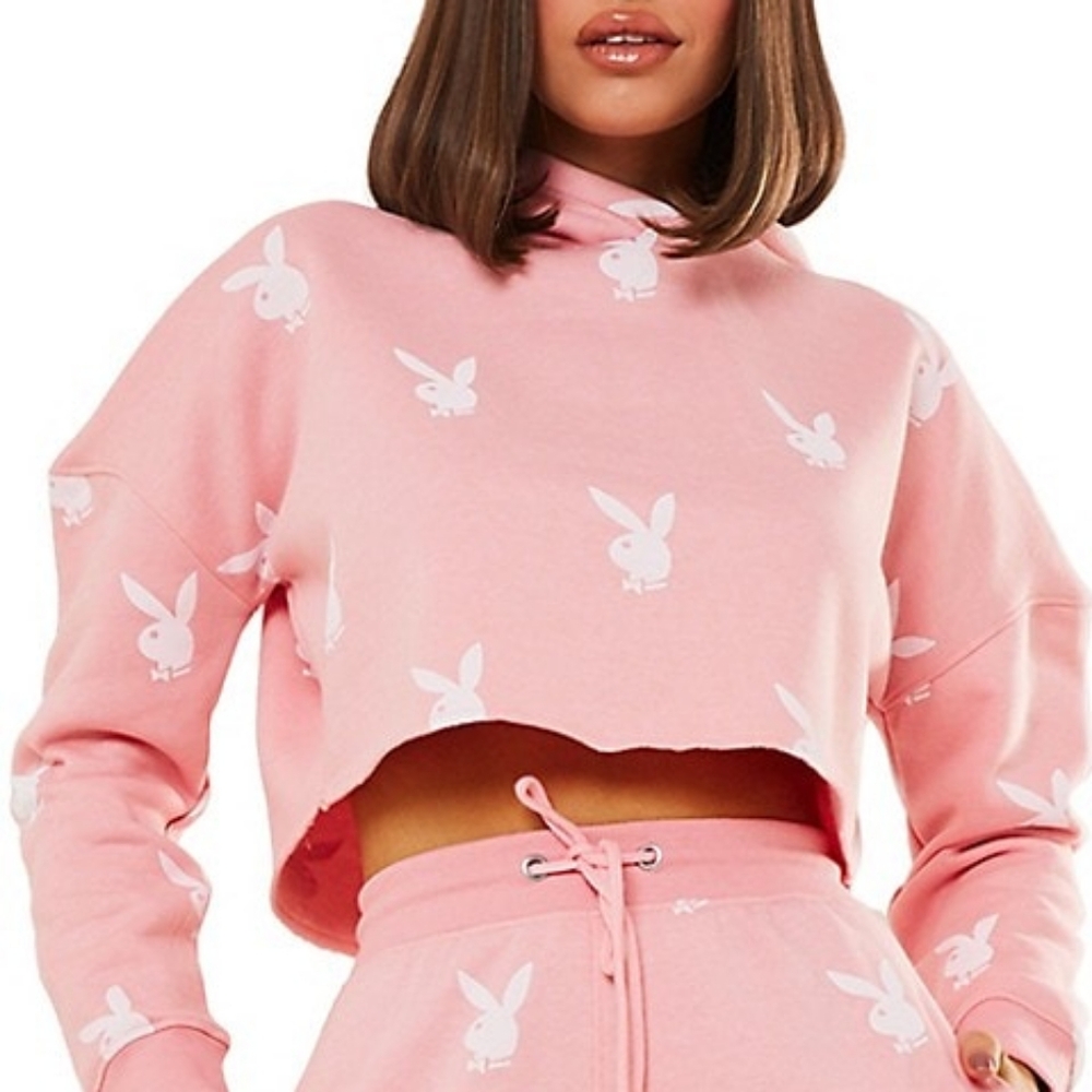 Baby Pink Cropped Playboy X Missguided Hoodie, US 8 / UK 12